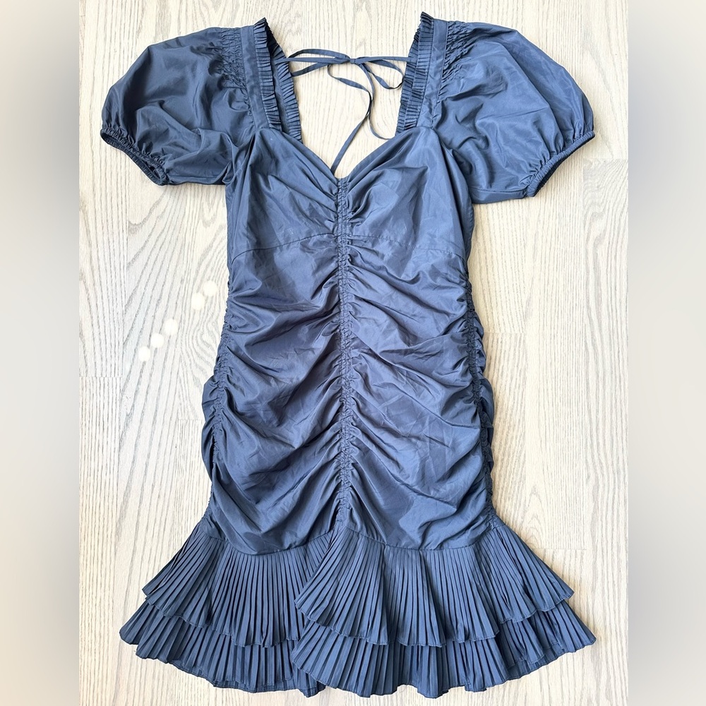 Parker Theia Navy Blue Ruched Ruffle Hem Pleated Balloon Sleeve Mini Dress Twee